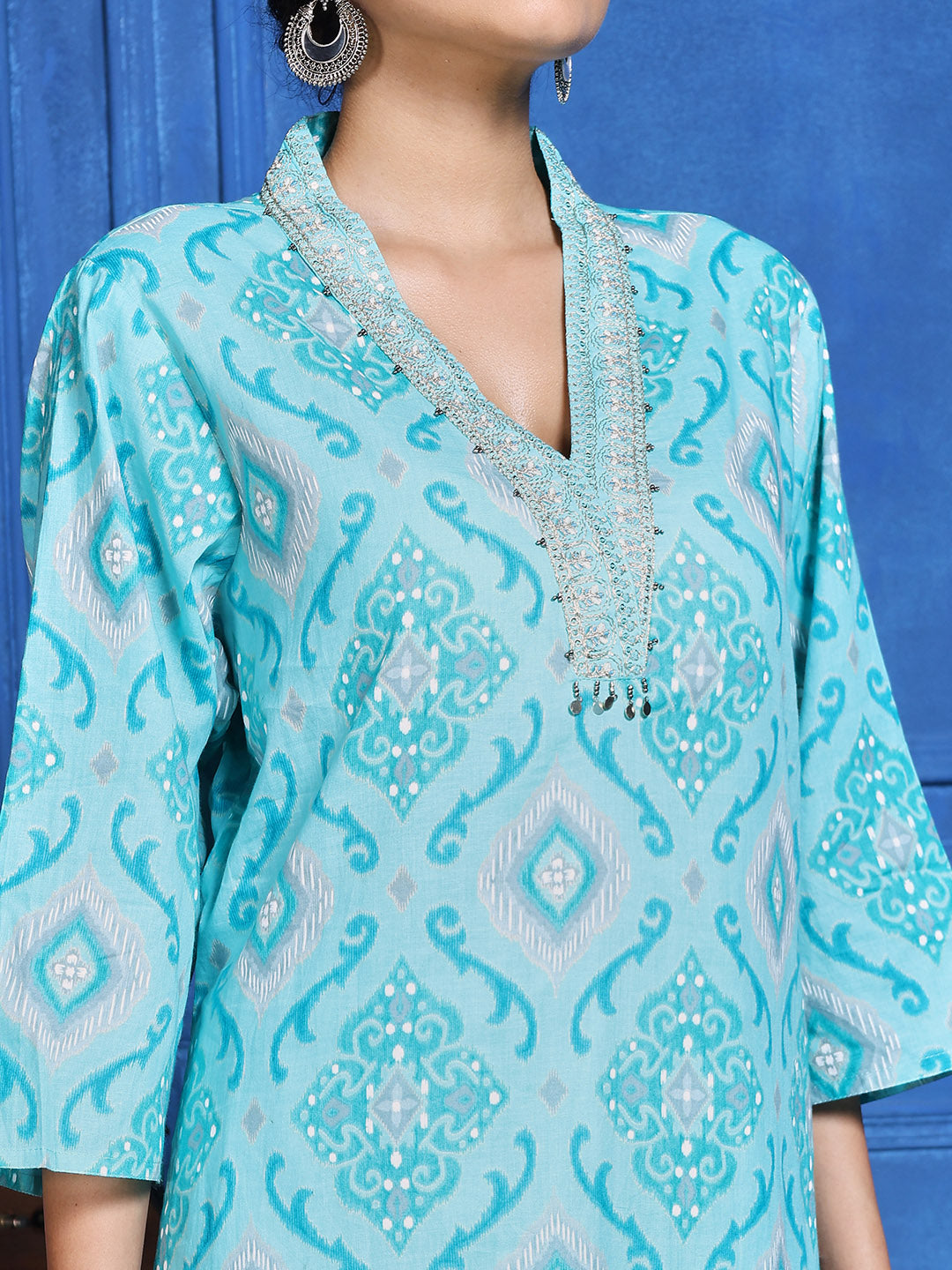Printed Cotton Blend Kurta With Pants & Dupatta