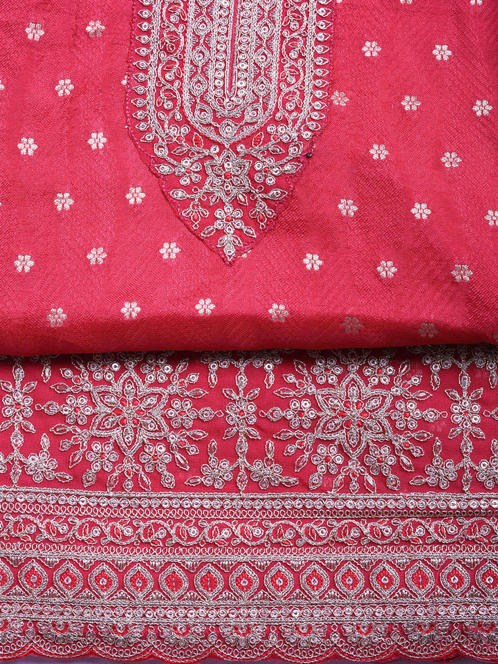 Embroidered Art Silk Unstitched Suit With Pant &amp; Dupatta