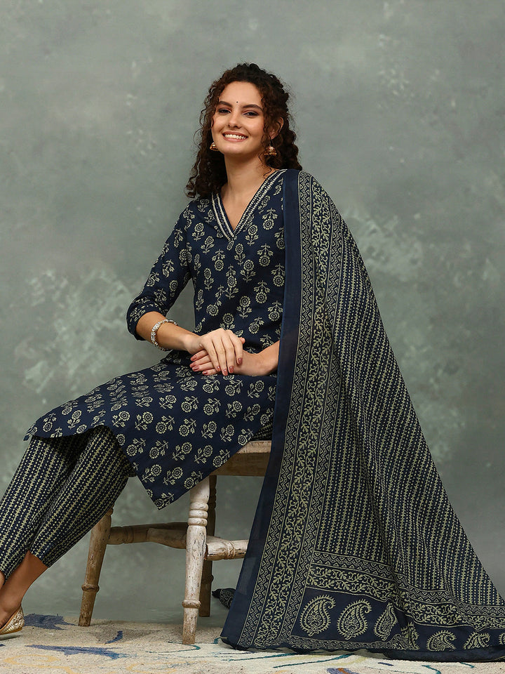 Printed Cotton Blend Kurta With Pants &amp; Dupatta