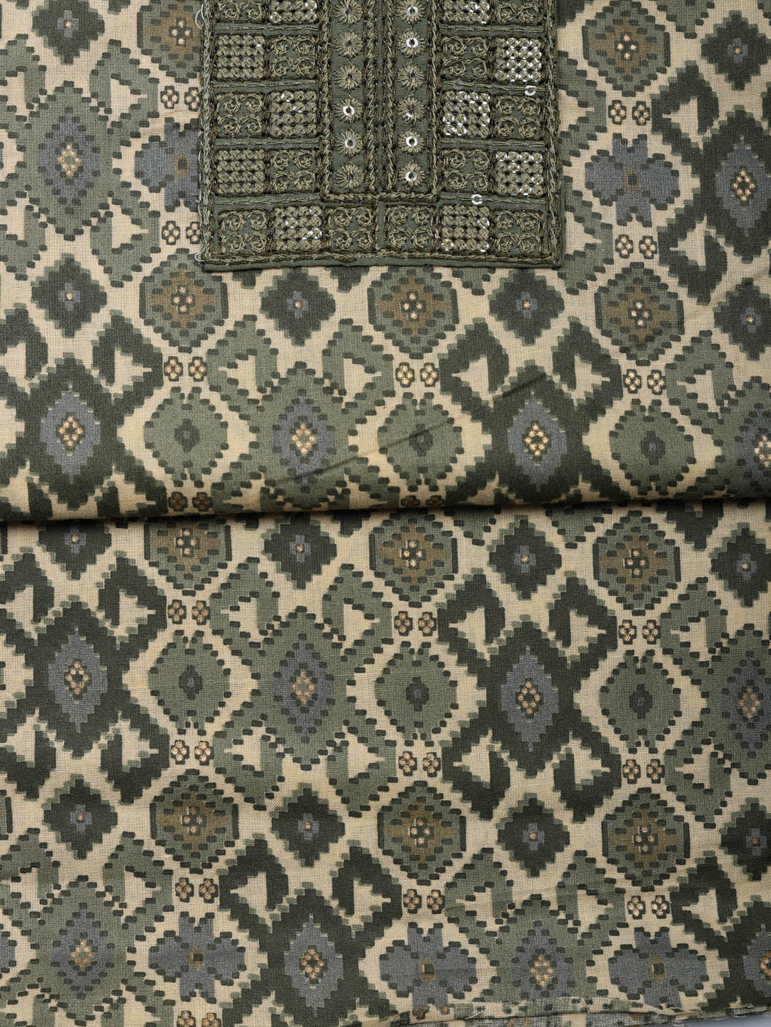 Printed Cotton Blend Unstitched Suit With Pant &amp; Dupatta