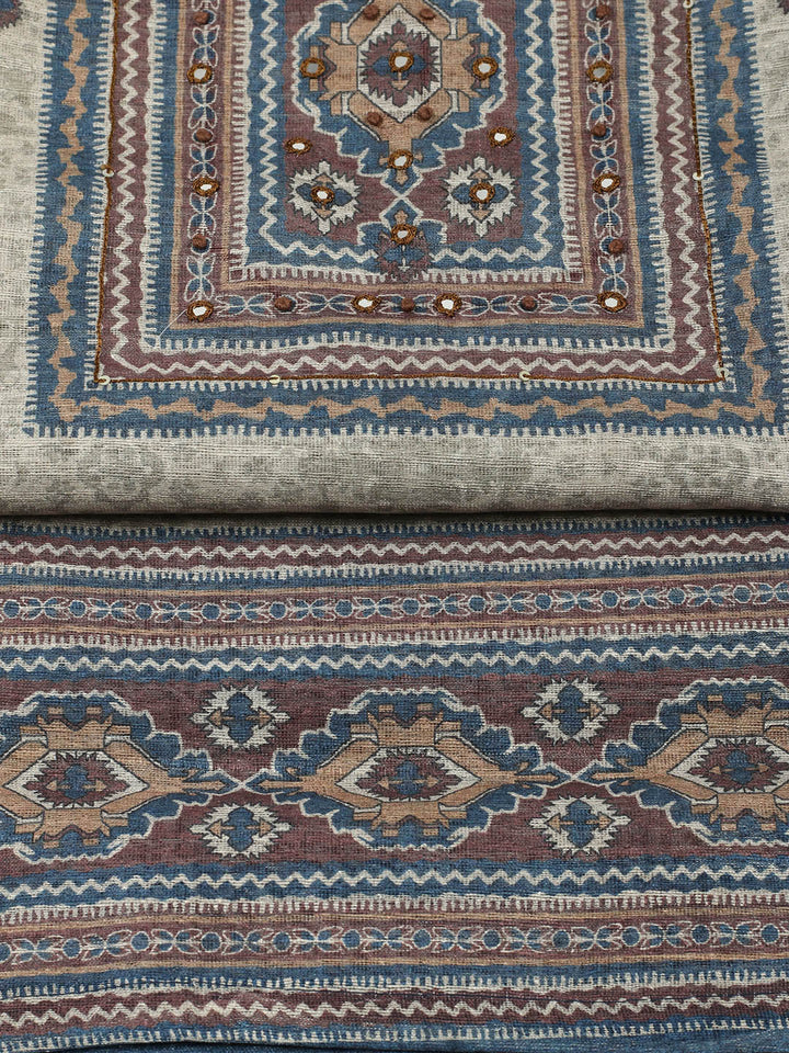 Printed Chanderi Unstitched Suit With Pant &amp; Dupatta