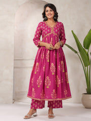 Floral Printed Cotton Blend Kurta With Pants & Dupatta