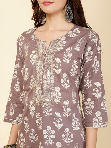 Neck Embroidery & Printed Cotton Kurta Set