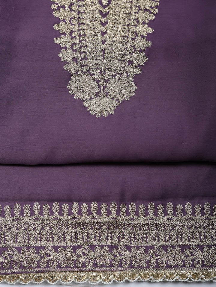 Embroidered Chanderi Unstitched Suit With Pant &amp; Dupatta