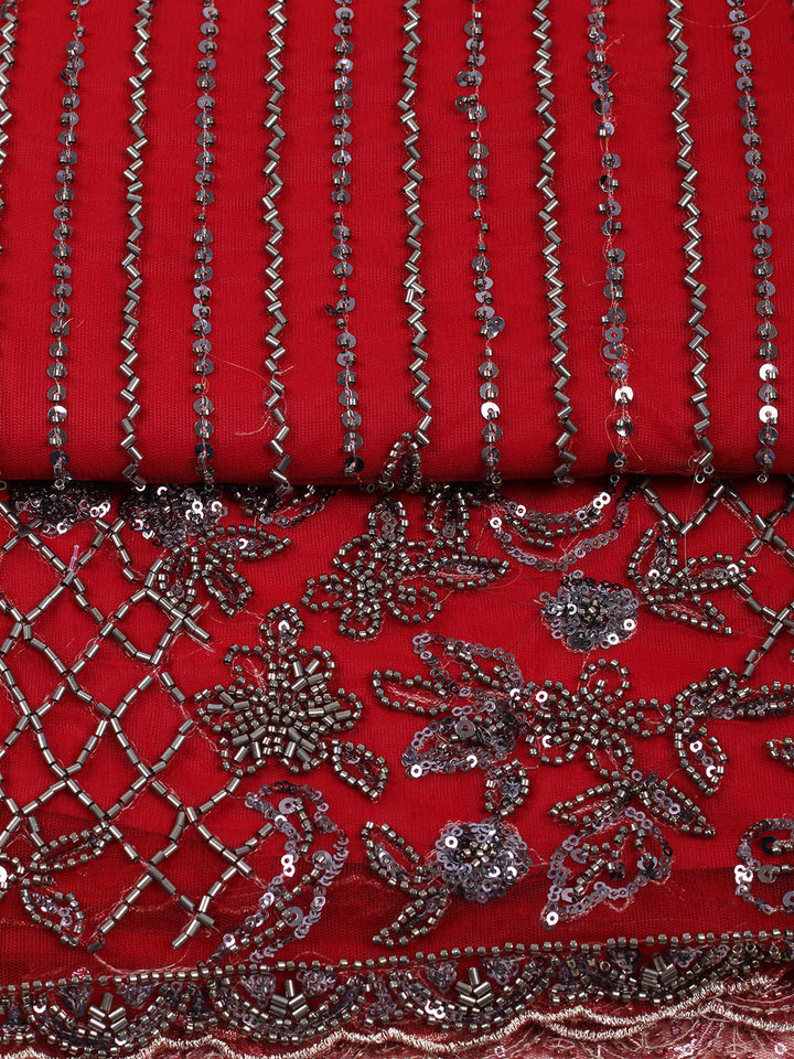 Embroidered Net Unstitched Suit With Pant &amp; Dupatta