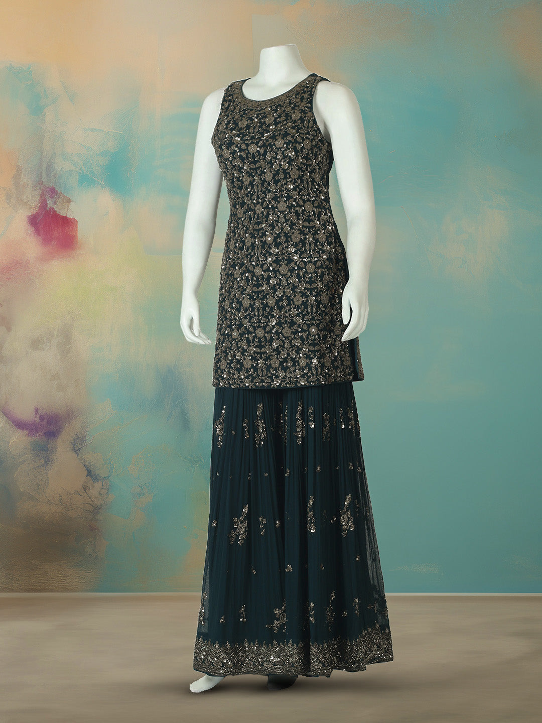 Embelished Georgette Kurta With Pant &amp; Dupatta