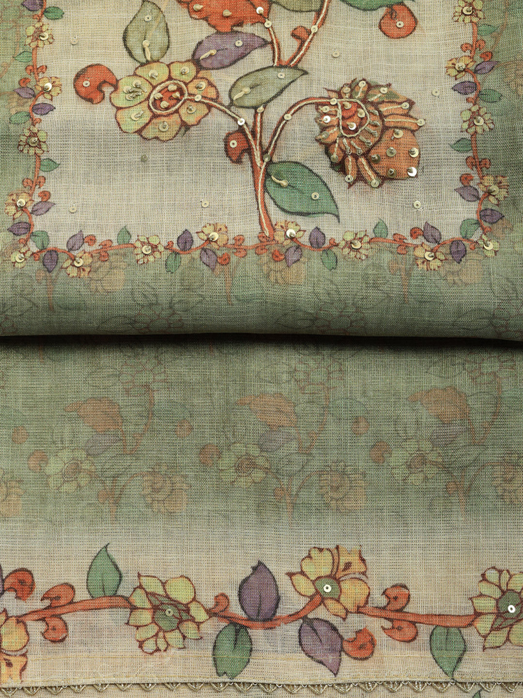 Printed Linen Blend Unstitched Suit With Pant &amp; Dupatta