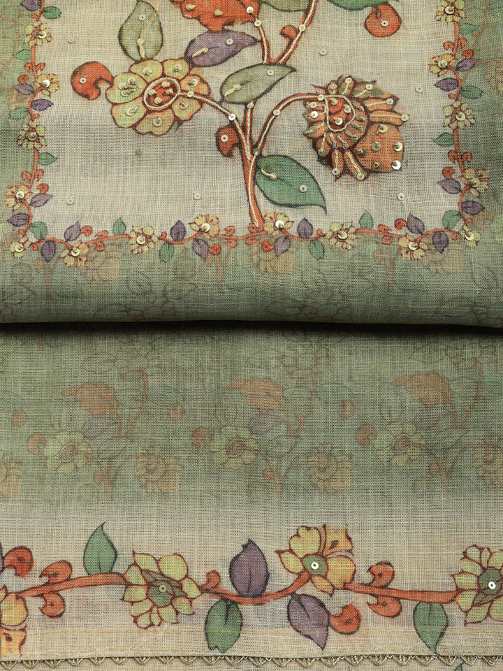 Printed Linen Blend Unstitched Suit With Pant &amp; Dupatta