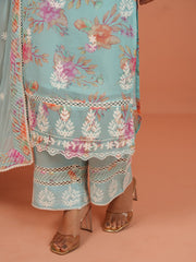 Digital Floral Printed Organza Kurta With Pants & Dupatta