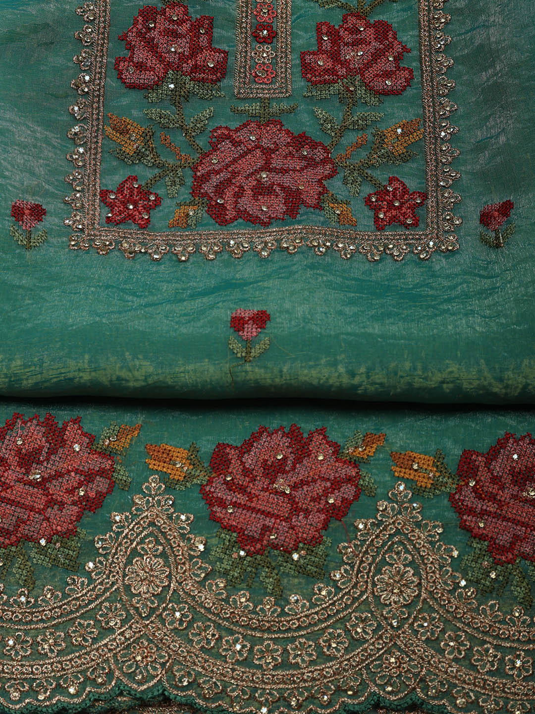 Embroidered Tissue Unstitched Suit With Pant &amp; Dupatta