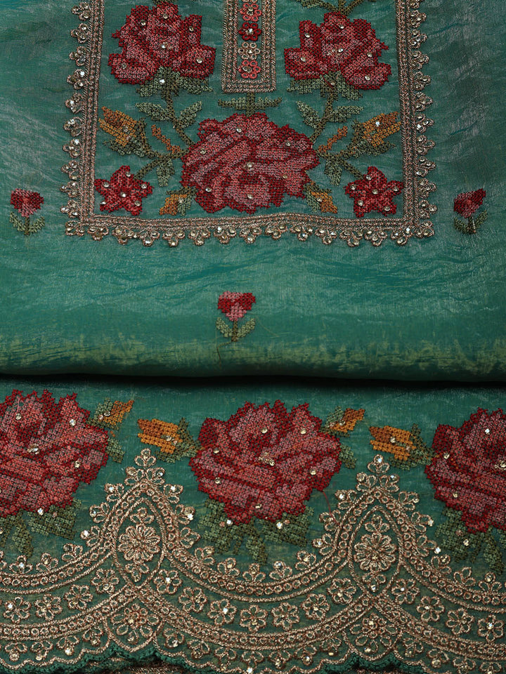 Embroidered Tissue Unstitched Suit With Pant &amp; Dupatta