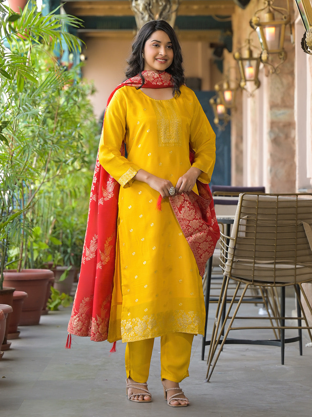 Embroidered Cotton Kurta With Pant &amp; Dupatta