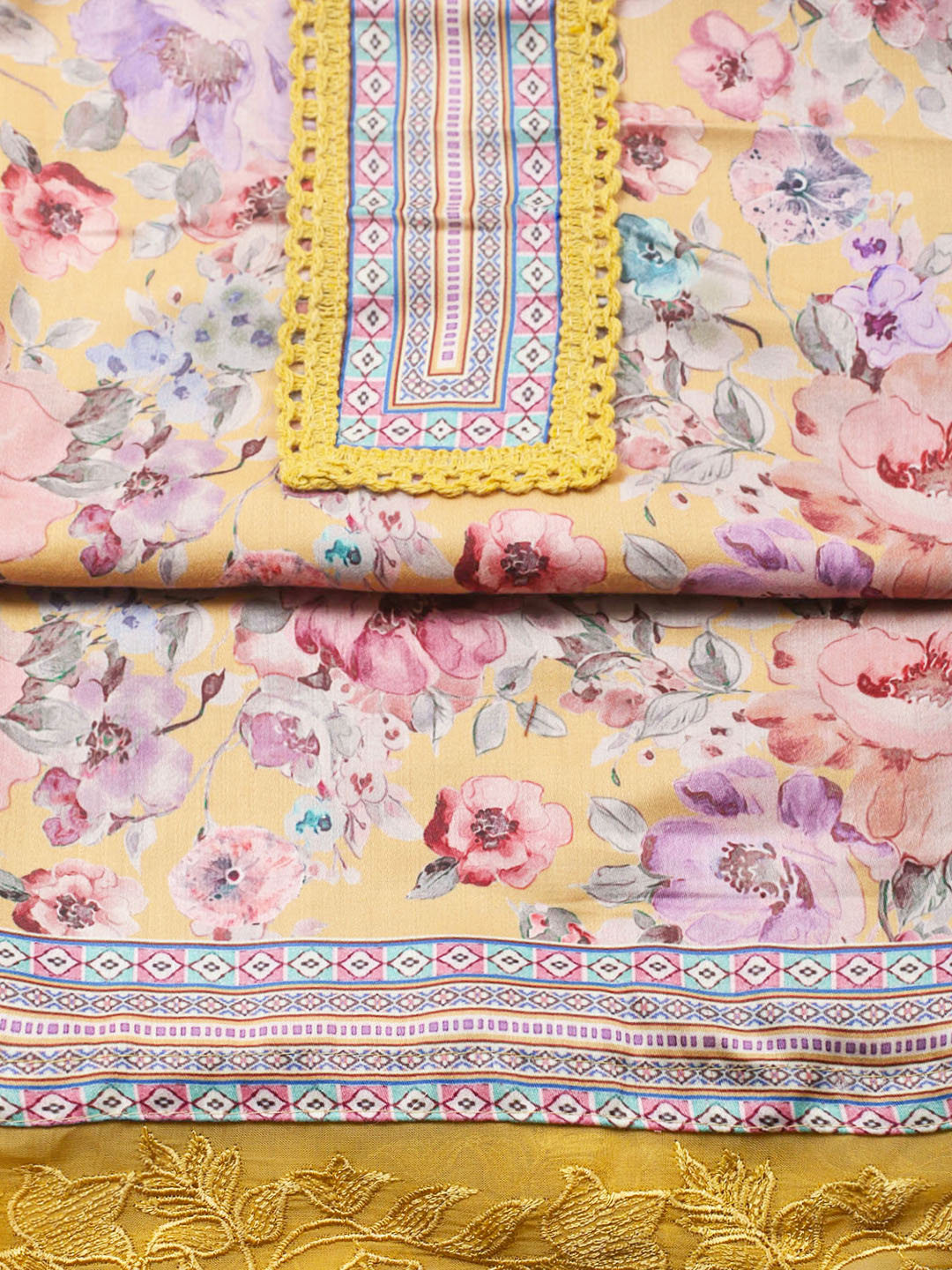 Embroidered Cotton Blend Unstitched Suit With Pant &amp; Dupatta