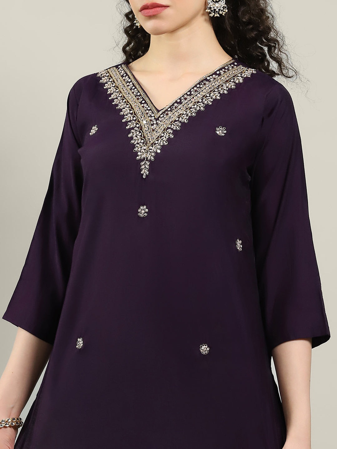 Embroidered Cotton Blend Kurta With Pants & Dupatta