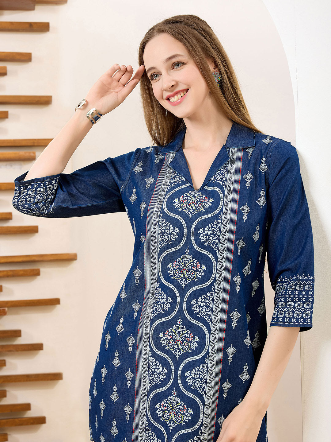 Neck Embroidered Denim Kurta