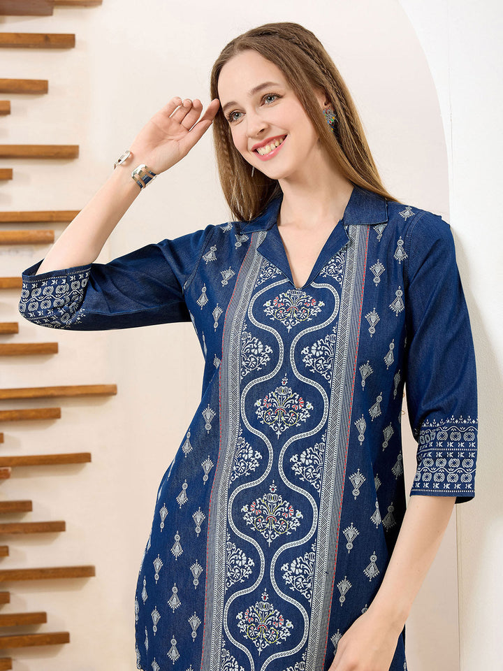 Neck Embroidered Denim Kurta