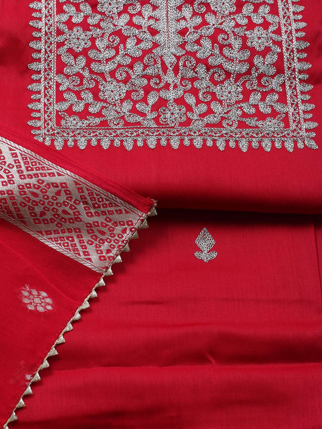 Neck Embroidered Chanderi Unstitched Suit With Dupatta