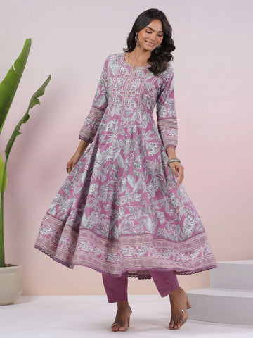 Floral Printed Cotton Blend Kurta With Pants & Dupatta