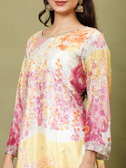 Floral Printed Art Silk Kurta With Sharara And Dupatta