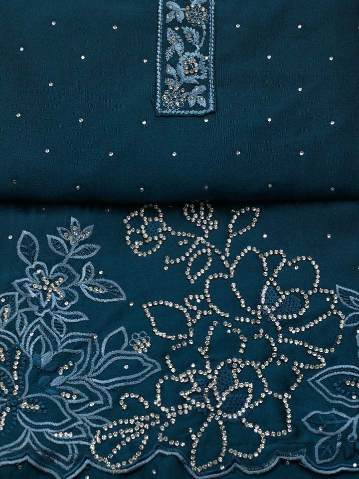 Embellished Art Silk Unstitched Suit With Pant &amp; Dupatta