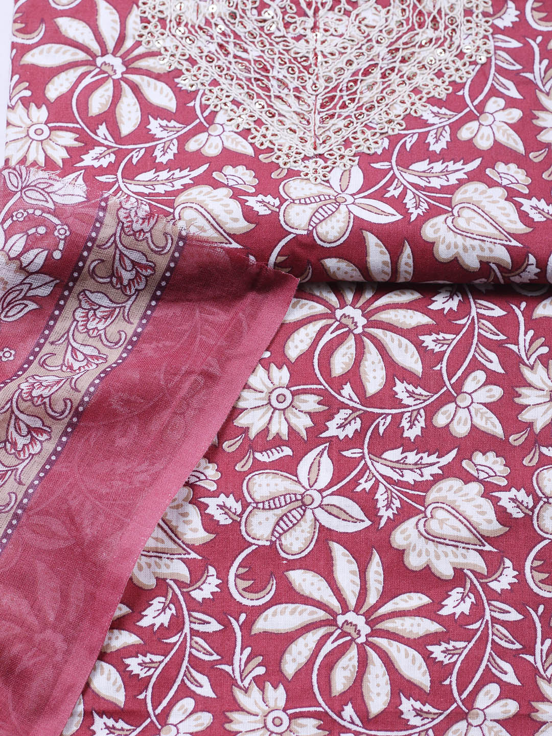 Printed Cotton Blend Unstitched Suit With Pant &amp; Dupatta