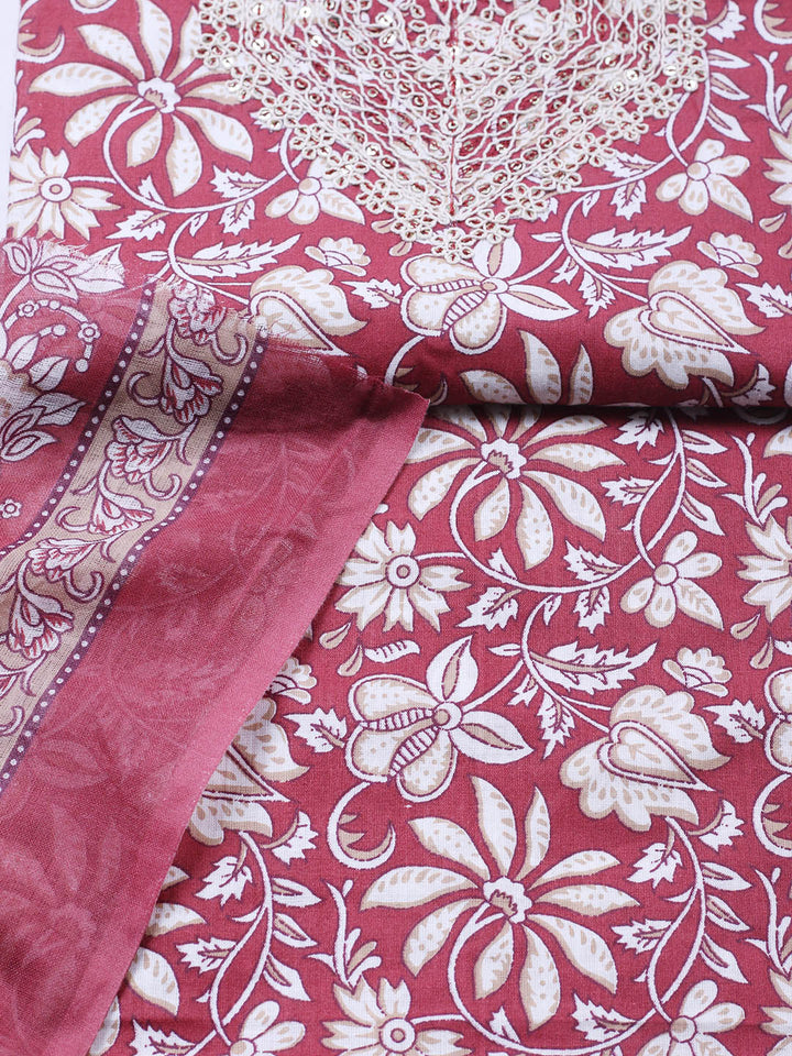 Printed Cotton Blend Unstitched Suit With Pant &amp; Dupatta
