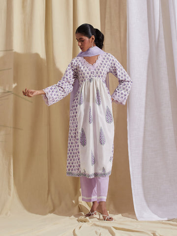 Kota Printed Cotton Kurta With Pants & Dupatta