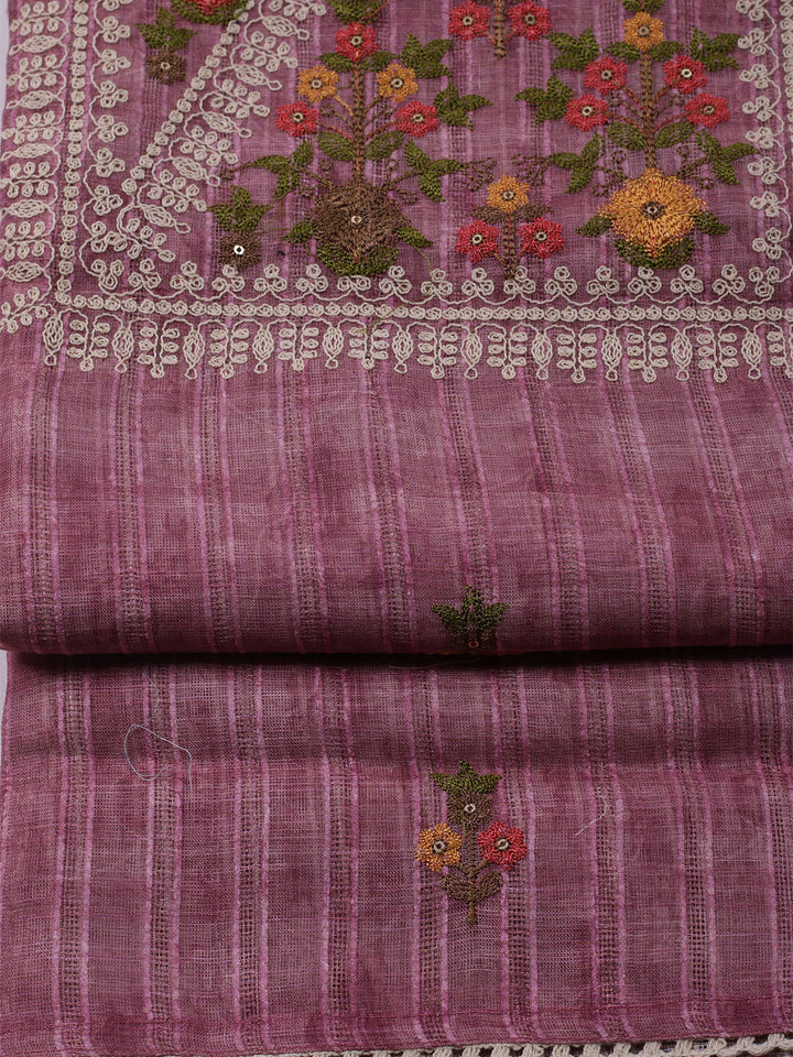 Embroidered Linen Unstitched Kurta With Pant &amp; Dupatta