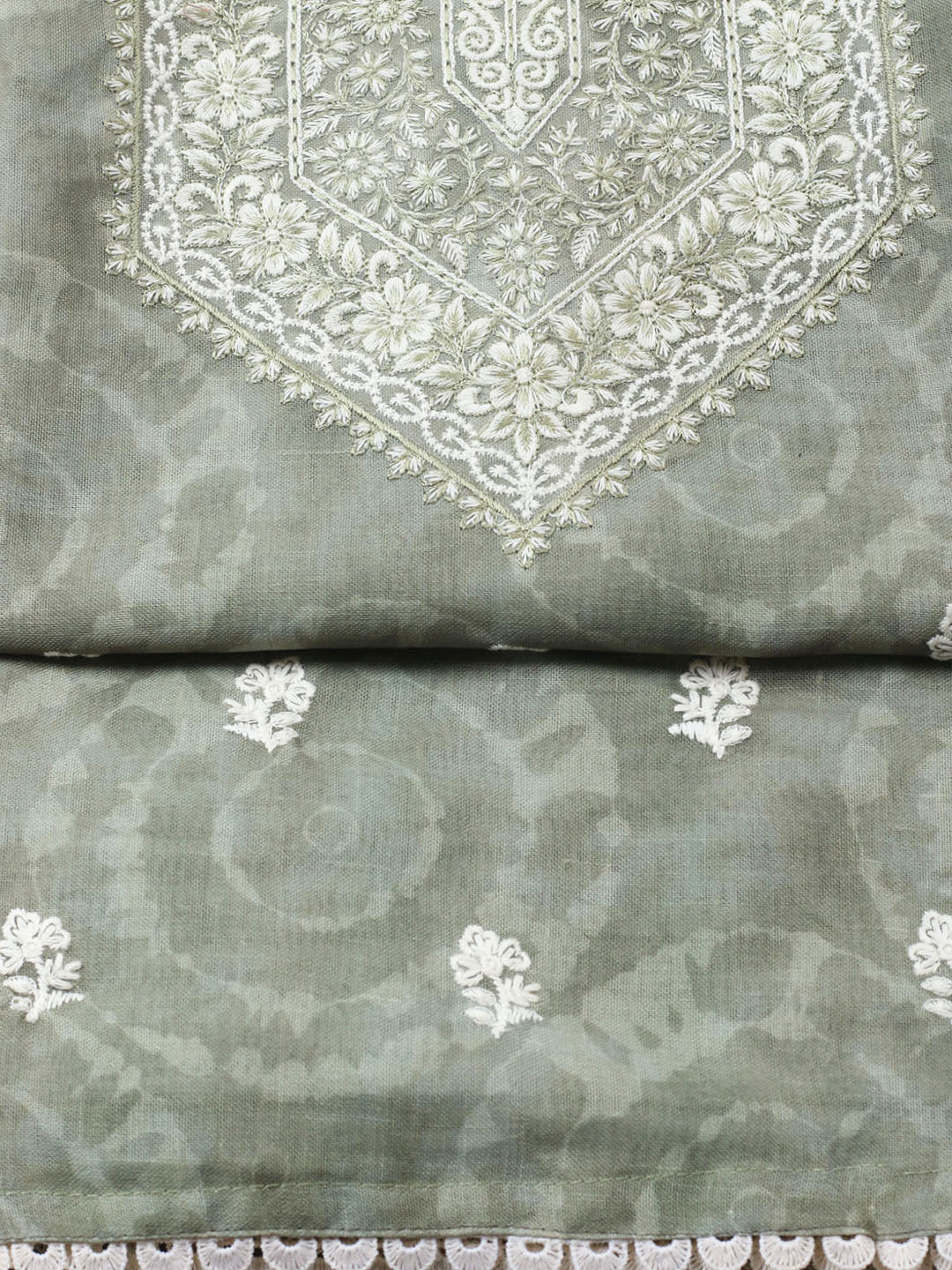 Embroidered Linen Blend Unstitched Suit With Pant Dupatta