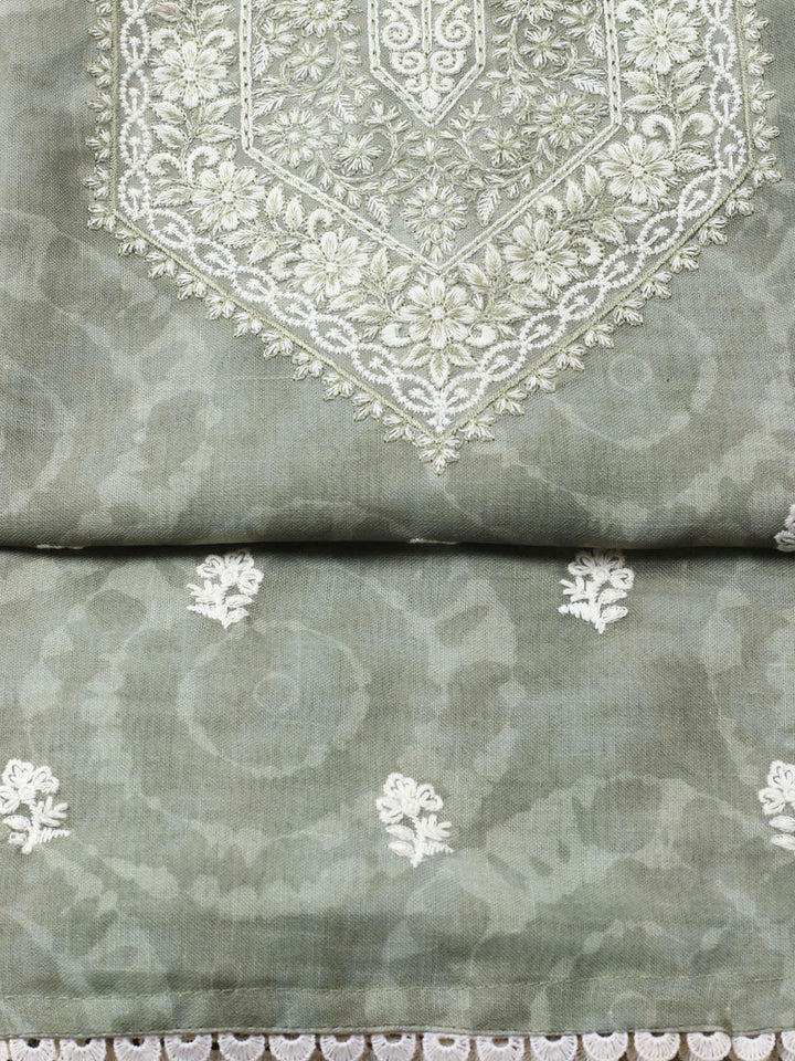 Embroidered Linen Blend Unstitched Suit With Pant Dupatta