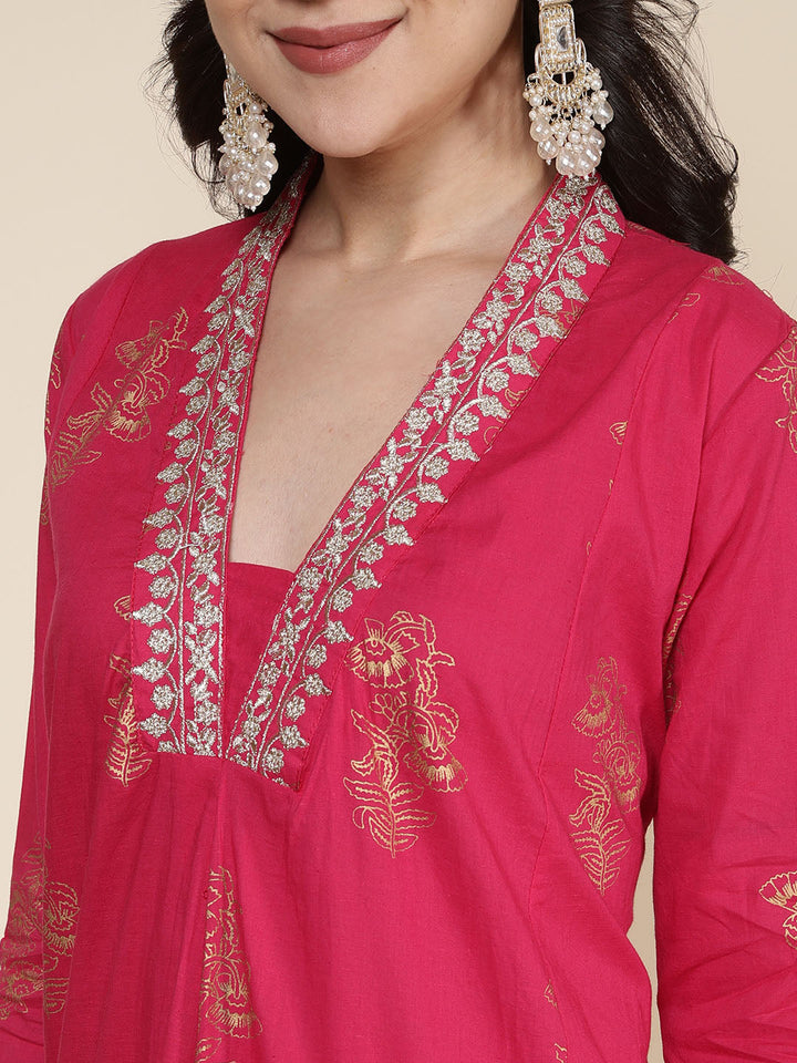Printed Cotton Blend Kurta With Pants &amp; Dupatta