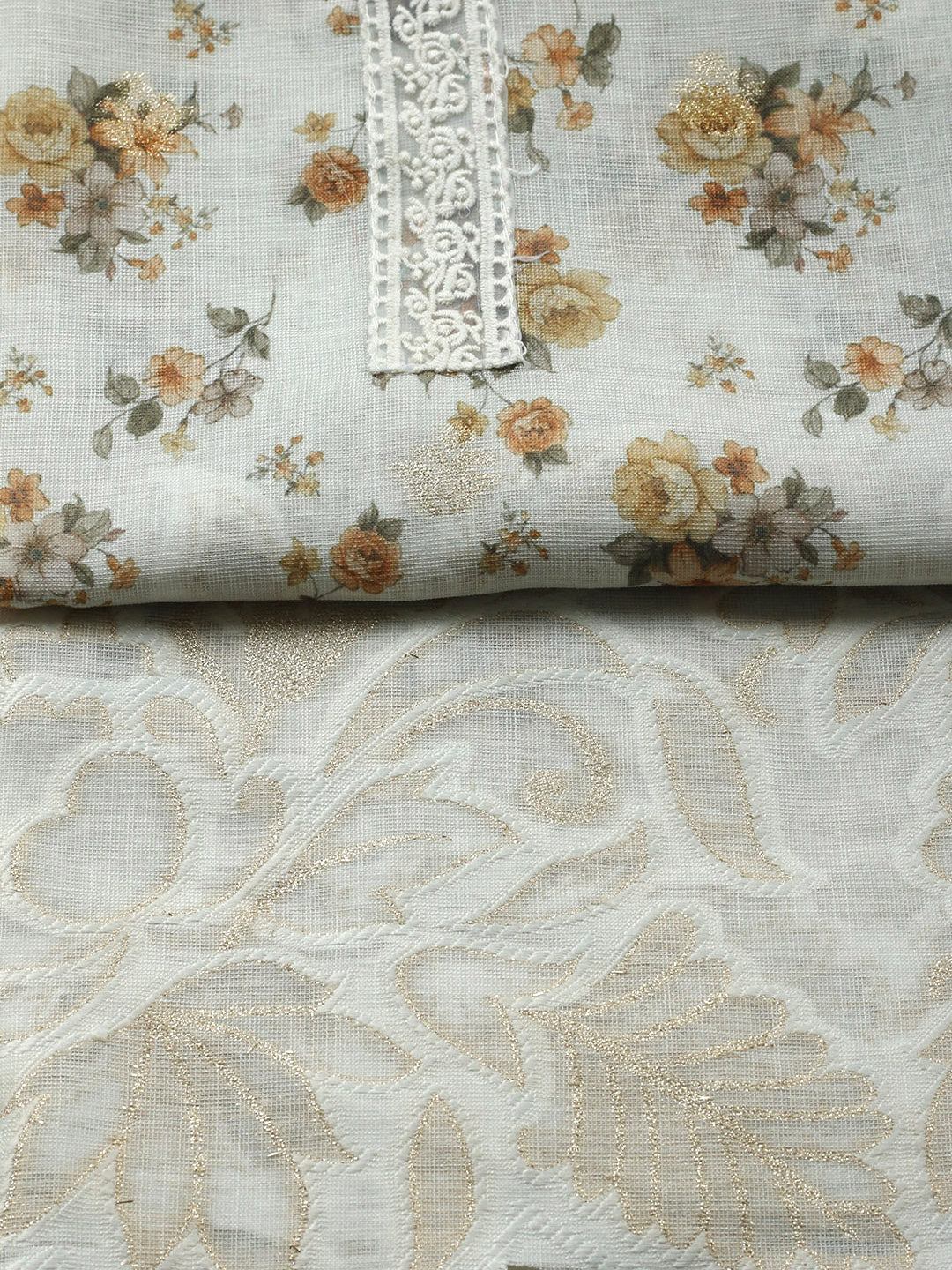 Embroidered Linen Blend Unstitched Suit With Pant &amp; Dupatta