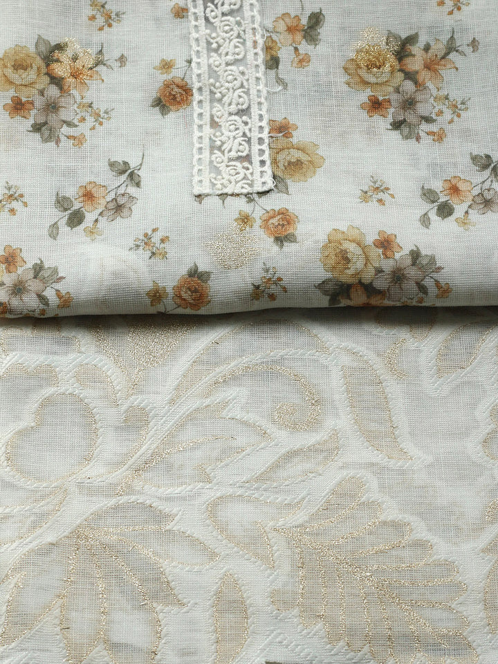 Embroidered Linen Blend Unstitched Suit With Pant &amp; Dupatta