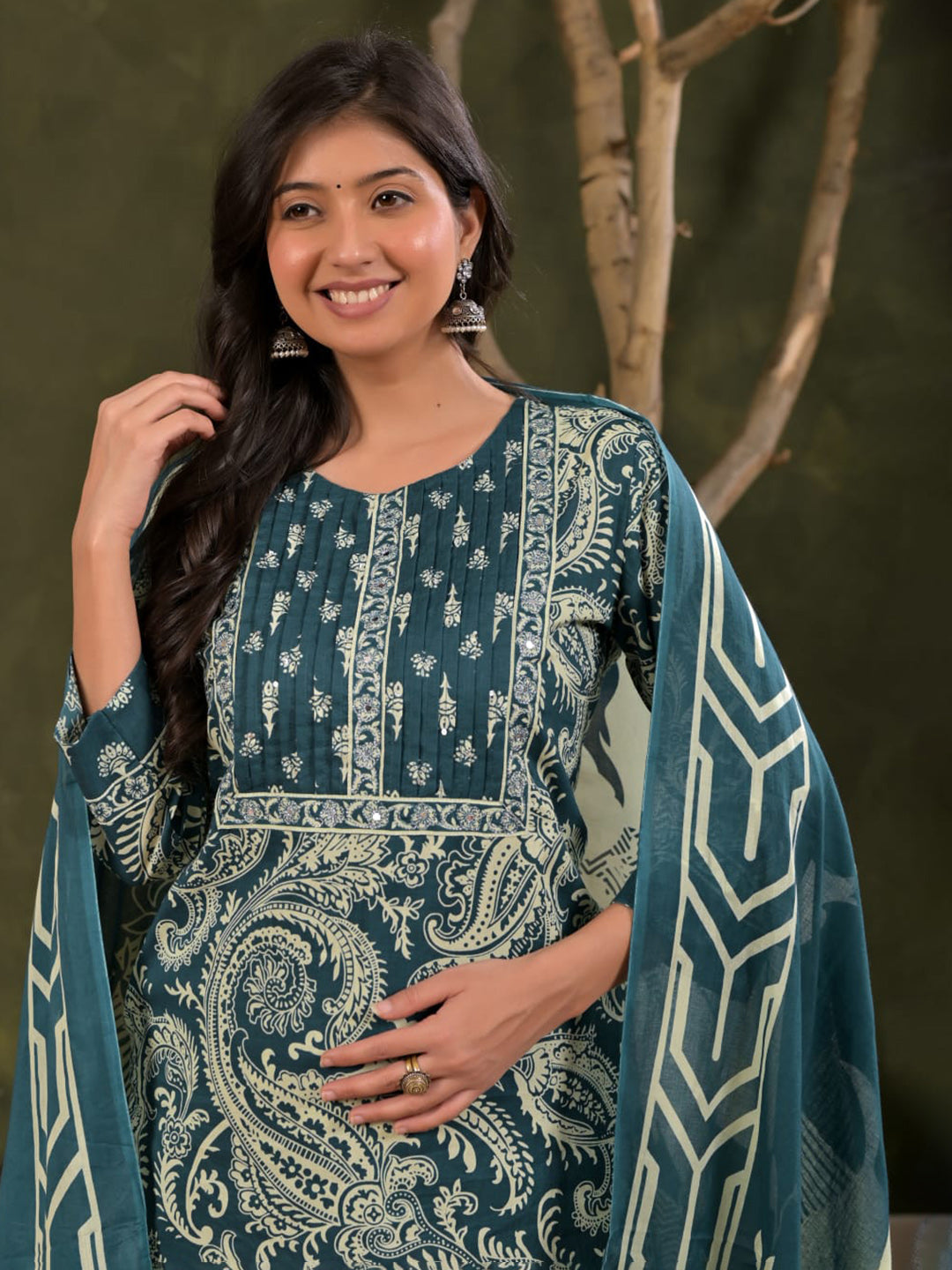 Blue Embroidered Cotton Blend Straight Suit Set With Dupatta