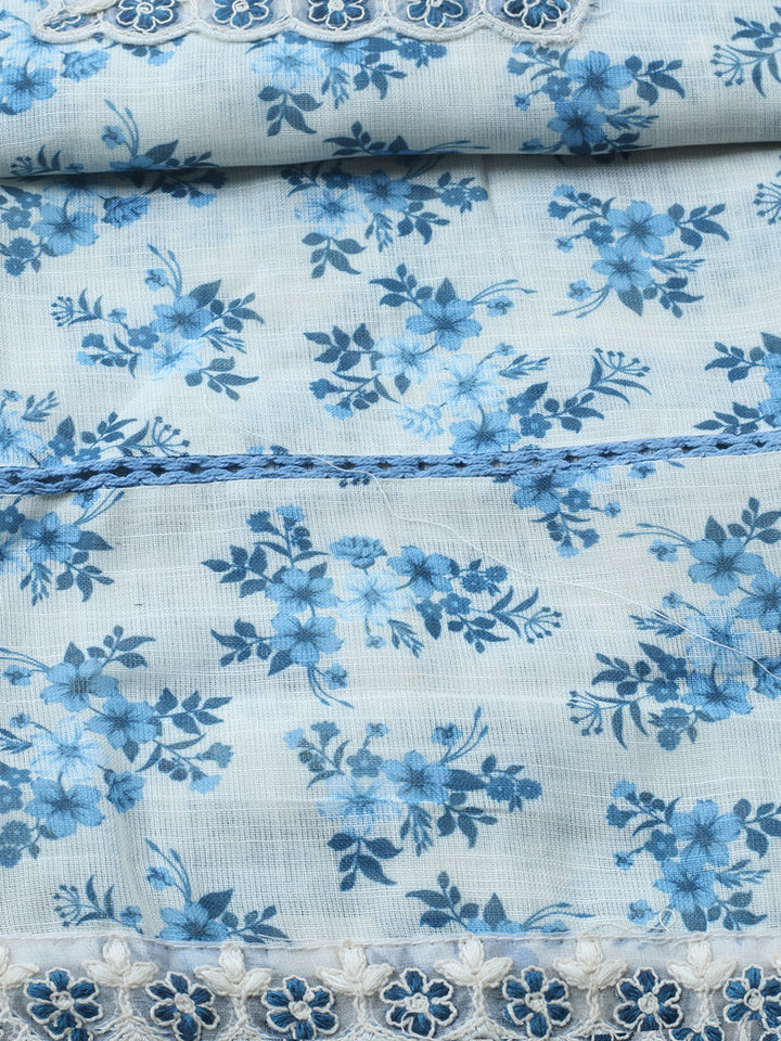Printed Linen Blend Unstitched Suit With Pant &amp; Dupatta