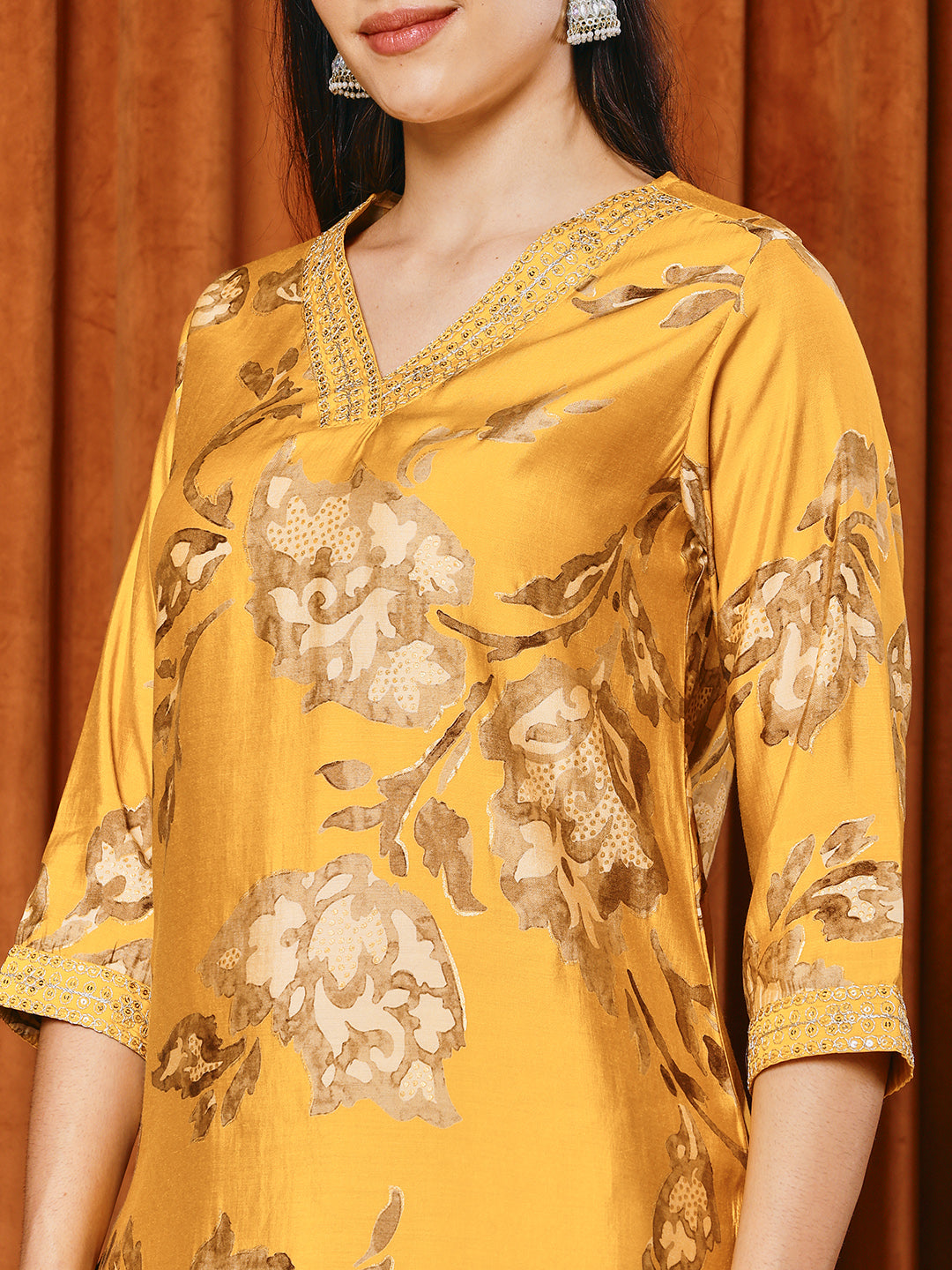Resham Work Cotton Blend Kurta With Pants & Dupatta