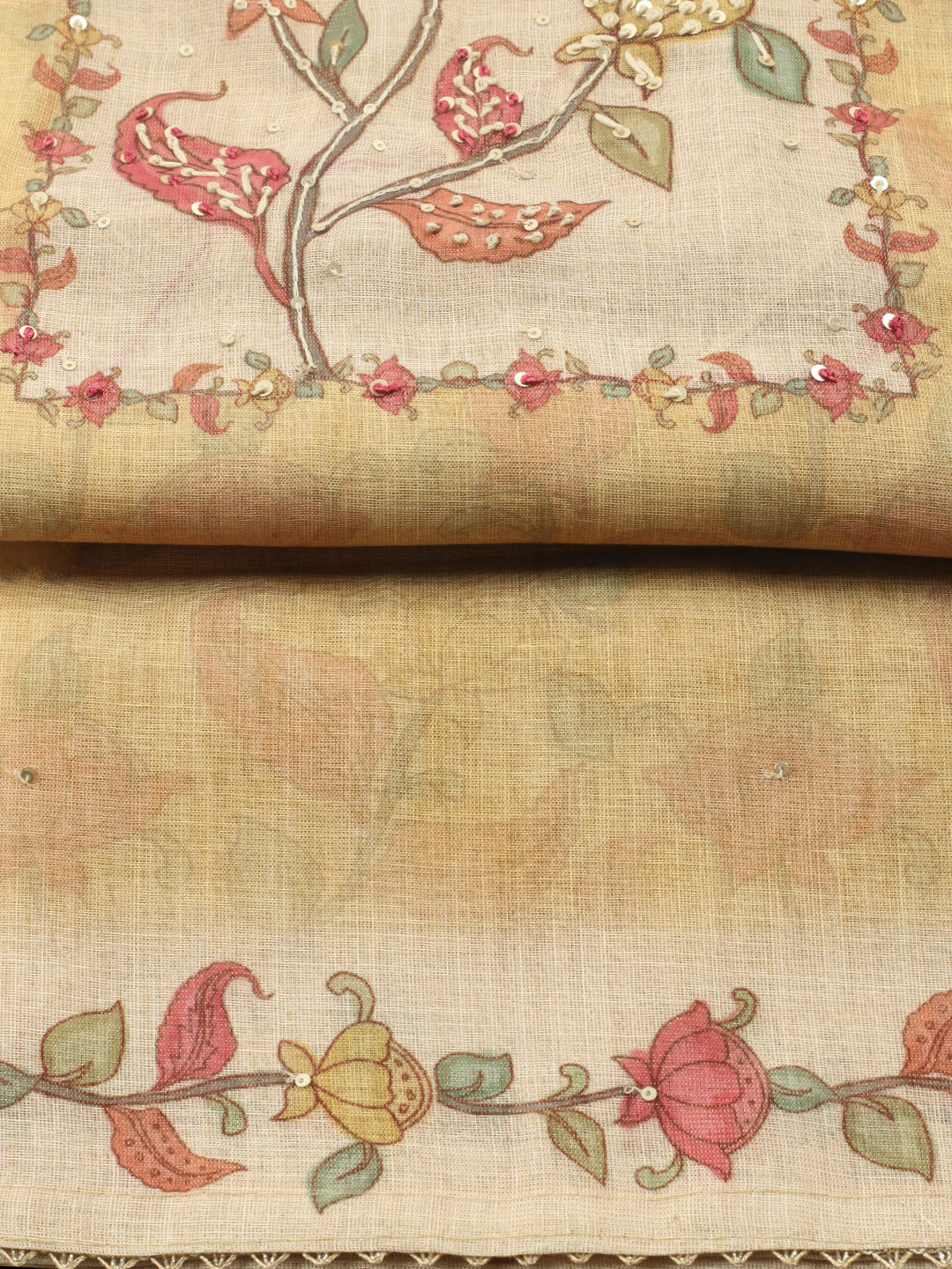 Printed Linen Blend Unstitched Suit With Pant &amp; Dupatta