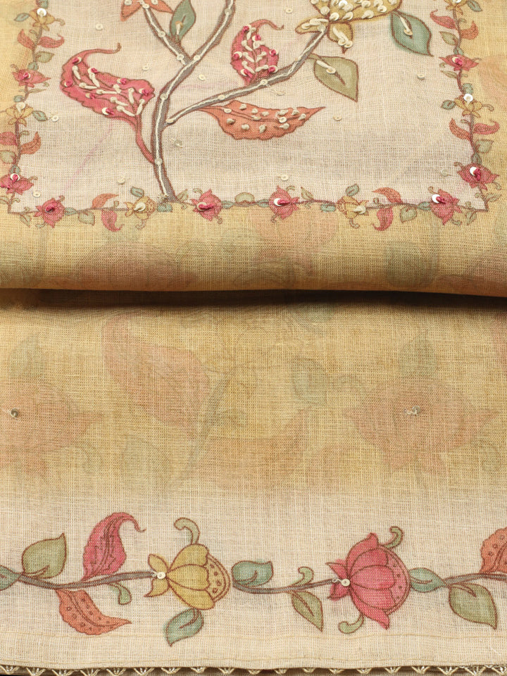 Printed Linen Blend Unstitched Suit With Pant &amp; Dupatta