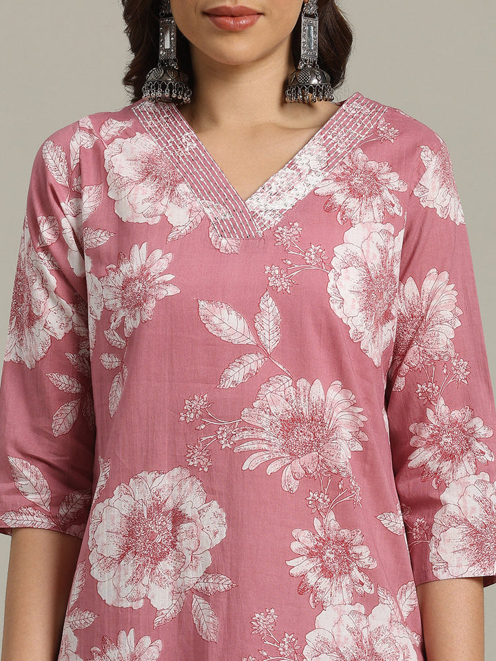 Floral Parinted Cotton Blend Kurta With Pants &amp; Dupatta