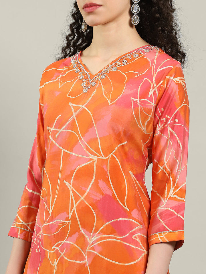 Printed Neck Embroidered Muslin Kurta