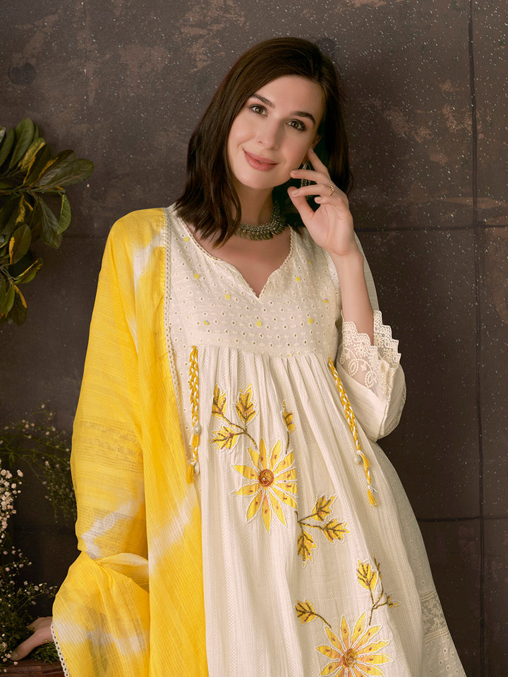 Embroidered Cotton Kurta With Pant &amp; Dupatta