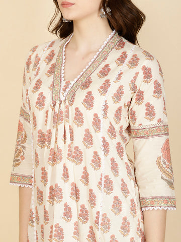 Floral Block Printed Cotton Kurta With Pants & Dupatta