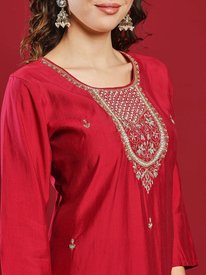 Embroidered Cotton Kurta With Pant &amp; Dupatta