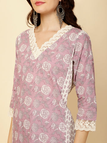 Floral Printed Cotton Straight Kurta With Pants