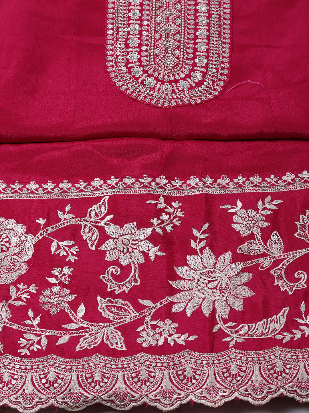 Embroidered Chinon Unstitched Suit With Pant &amp; Dupatta