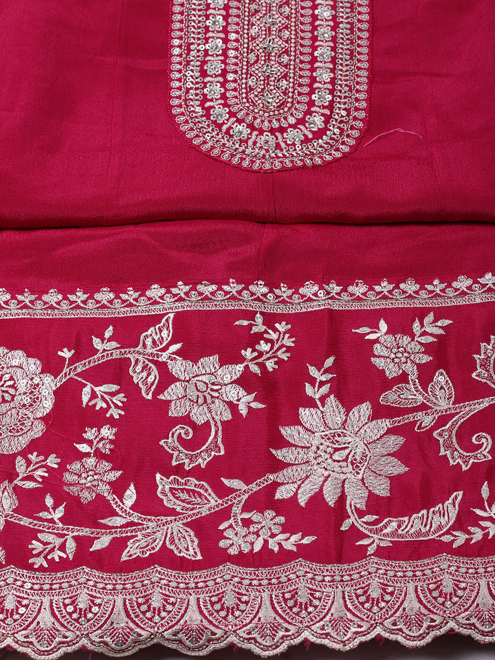 Embroidered Chinon Unstitched Suit With Pant &amp; Dupatta