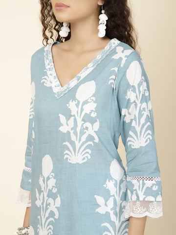 Floral Printed Cotton Kurta With Pants & Dupatta