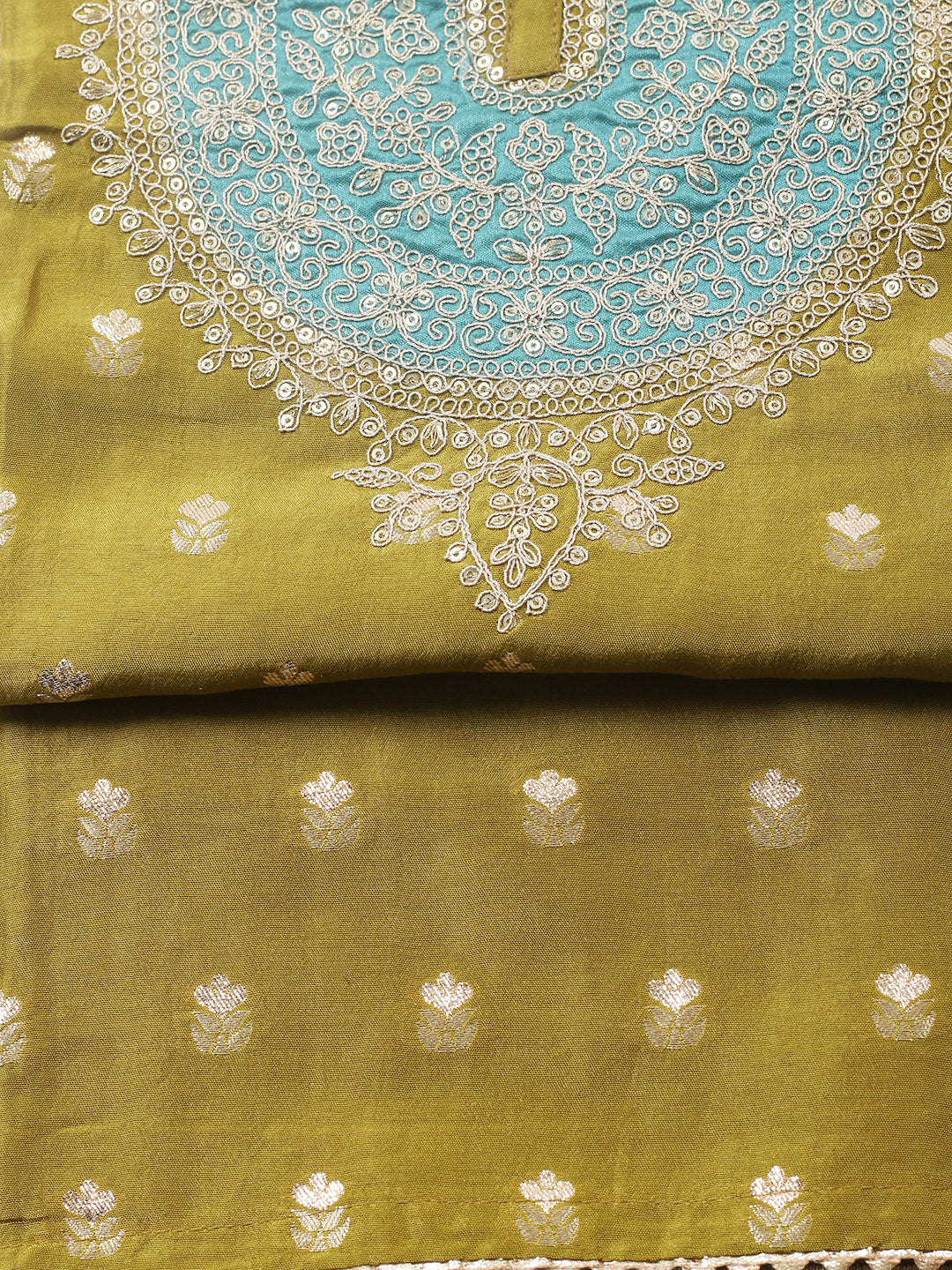 Embroidered Chanderi Unstitched Suit With Pant &amp; Dupatta