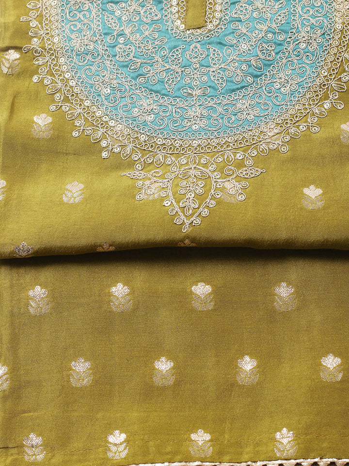 Embroidered Chanderi Unstitched Suit With Pant &amp; Dupatta