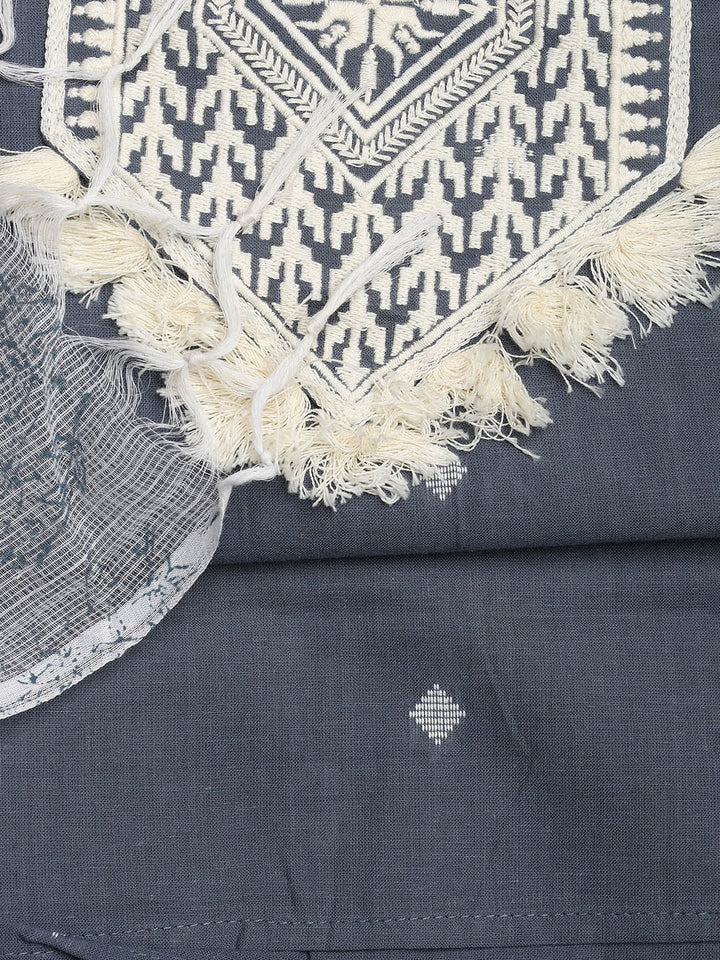 Neck Embroidered Cotton Blend Unstitched Suit With Dupatta